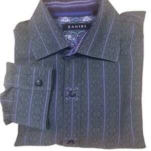 ZAGIRI MEN’S L/S DRESS SHIRT GRAY GREEN PURPLE STRIPE PAISLEY CONTRAST SIZE L